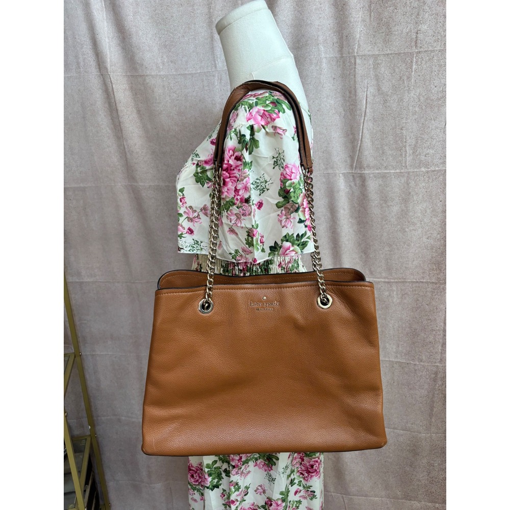 Kate Spade New York Pebbled Leather Triple Compartment Chain Tote Bag Brown